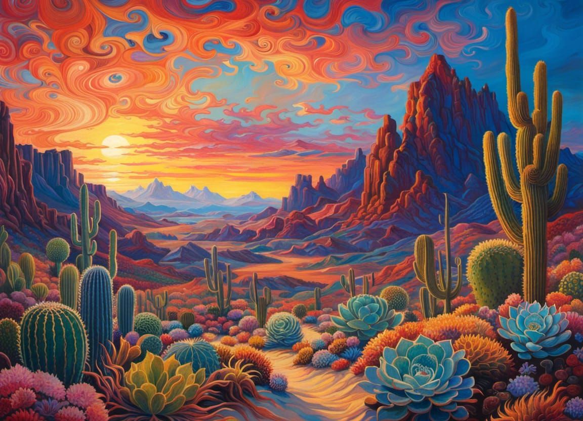 Maximalist Desert Sunset with Whimsical Swirls