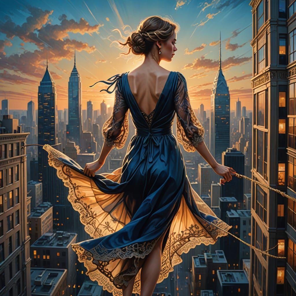 Elegant Woman Walks Tightrope Between Skyscrapers in Vivid O...