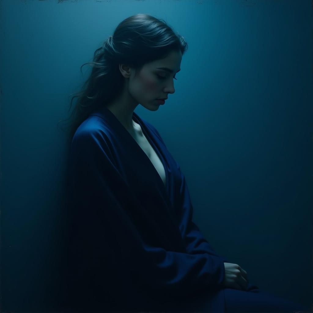 Contemplative Woman in Blue, Surrealist Style