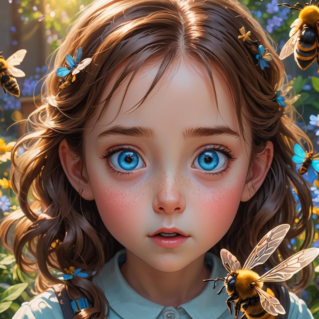 Anime Portrait of Surprised Girl with Bee