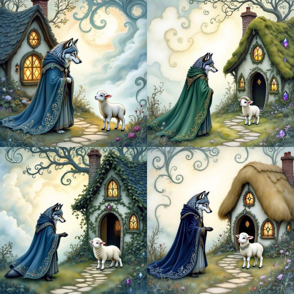 Wolf Invites Lamb to Cottage in Watercolor Style
