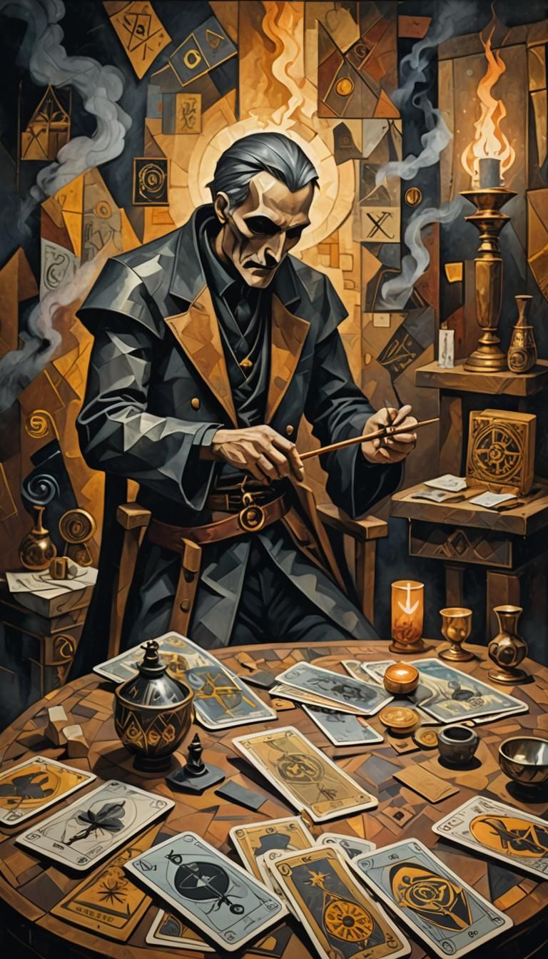 Cubist Death Tarot Card with Mystic Symbols