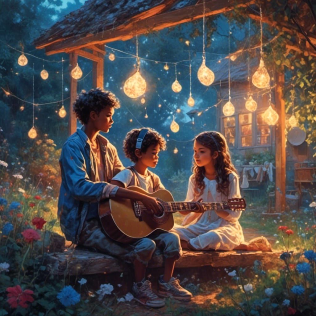 Children in Garden with Wind Chimes