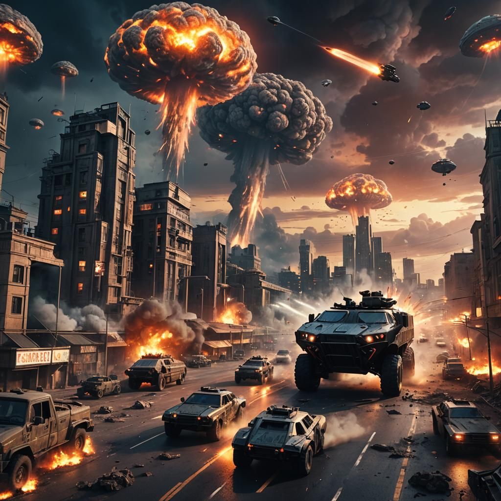 Apocalyptic Cityscape with Armored Vehicles and UFOs