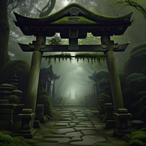 Ancient Shinto Temple in Mystical Japanese Watercolor Style
