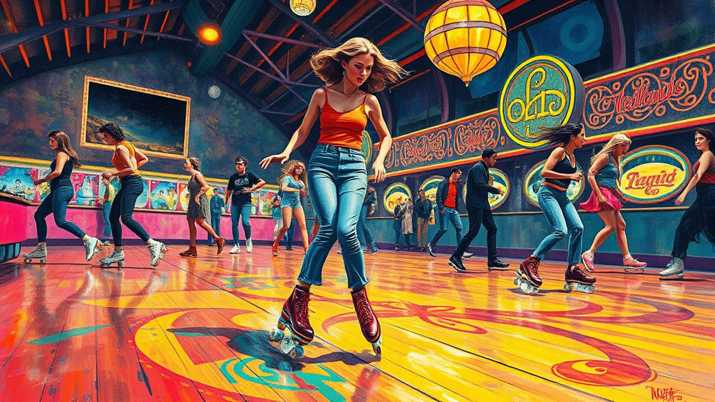 1961 Roller Rink Scene in Impasto Watercolor Style
