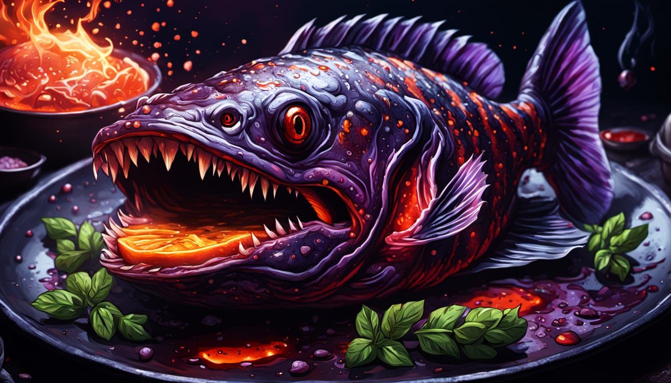 Grilled Piranha in Dark Fantasy Comic Style