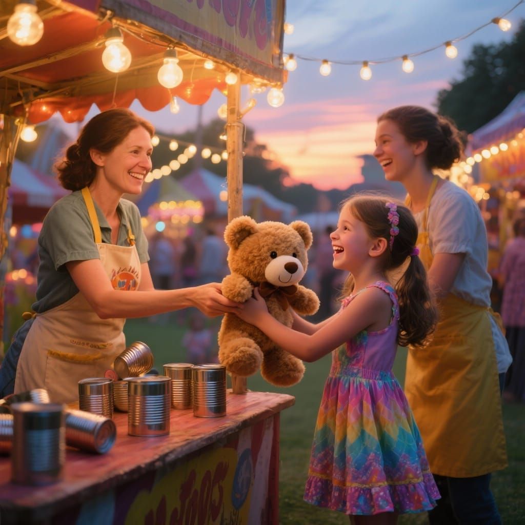 Joyful Fair Prize Moment: Girl Wins Teddy Bear at Dusk