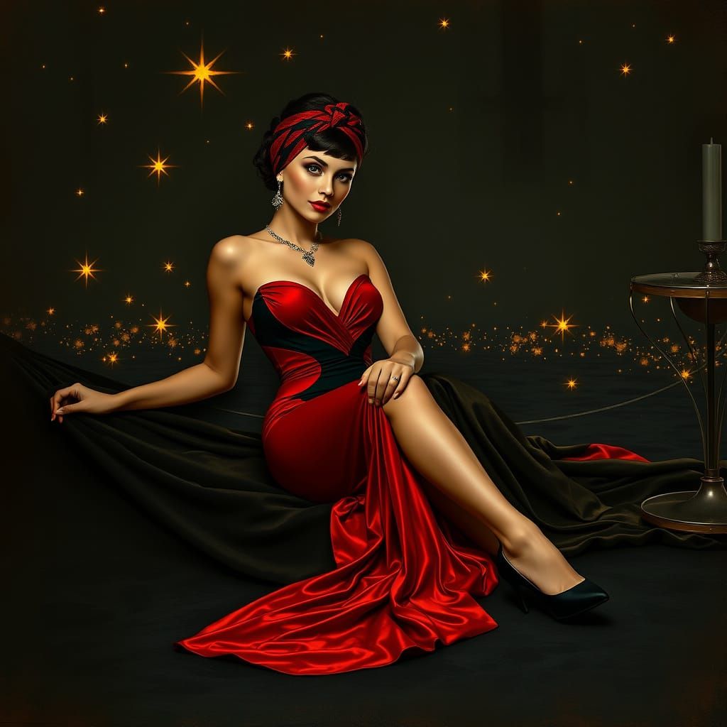 Seductive Brunette in Red Gown, Art Nouveau Style