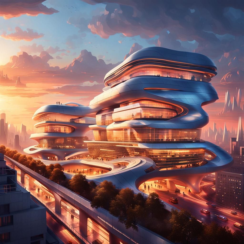 “exterior shot of utopian architecture building with cinematic lighting by zaha hadid and renzo piano, darek zabrocki an...