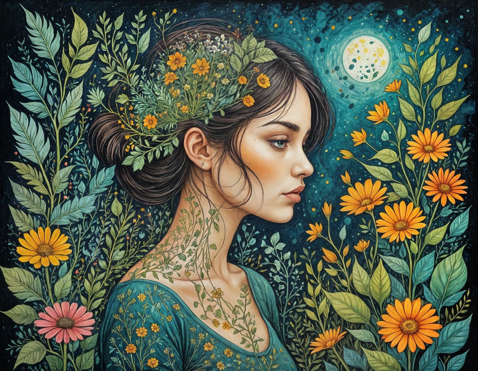 Girl Connects with Vibrant Herb Garden in Whimsical Cartoon ...