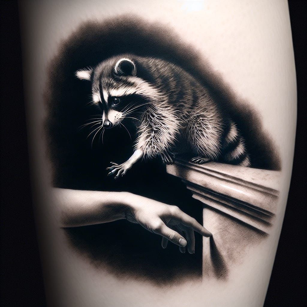 chiaroscuro tattoo of a curious raccoon reaching his left hand down and towards the right to reach something out of view...