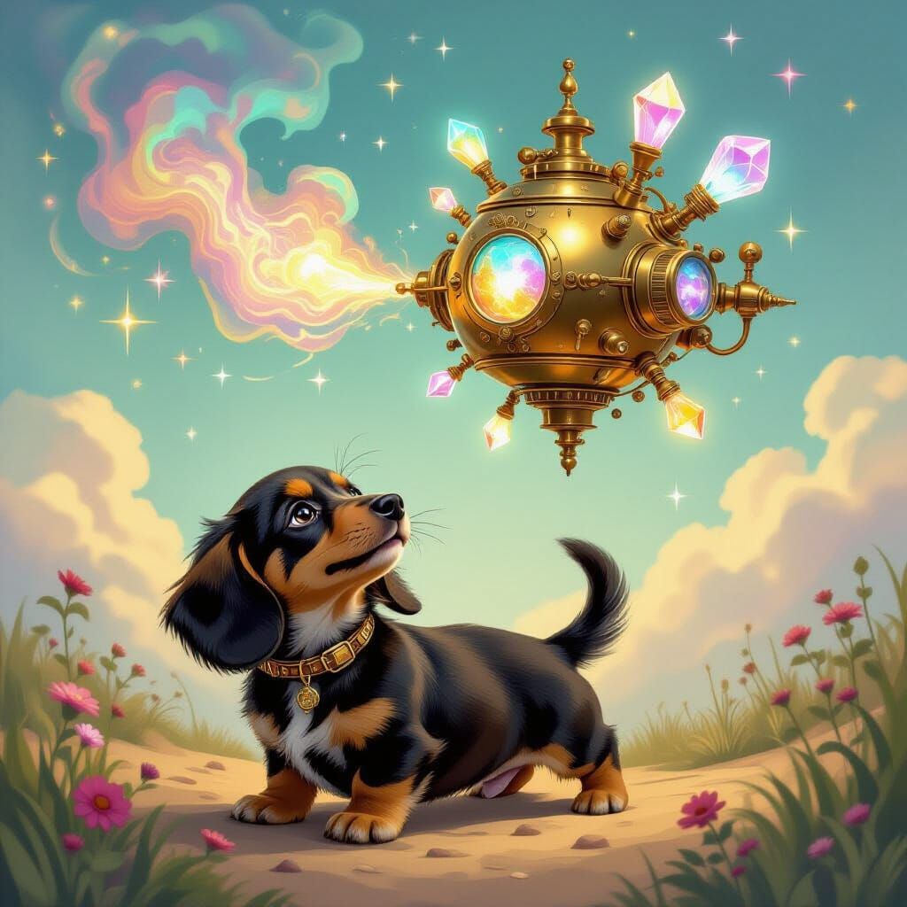 Nebula Dachshund Puppy Plays with Steampunk Contraption