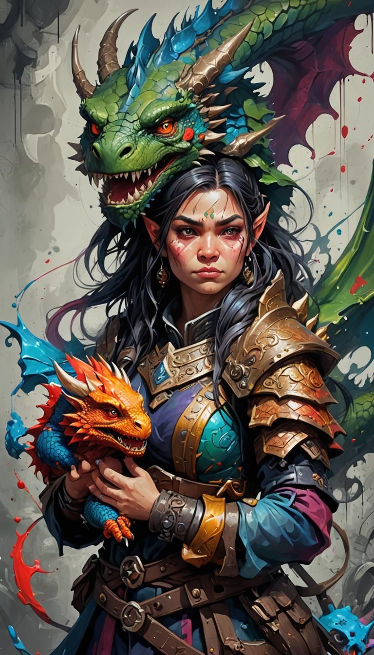 Fantasy Dwarf with Dragon in Graffiti Art Style