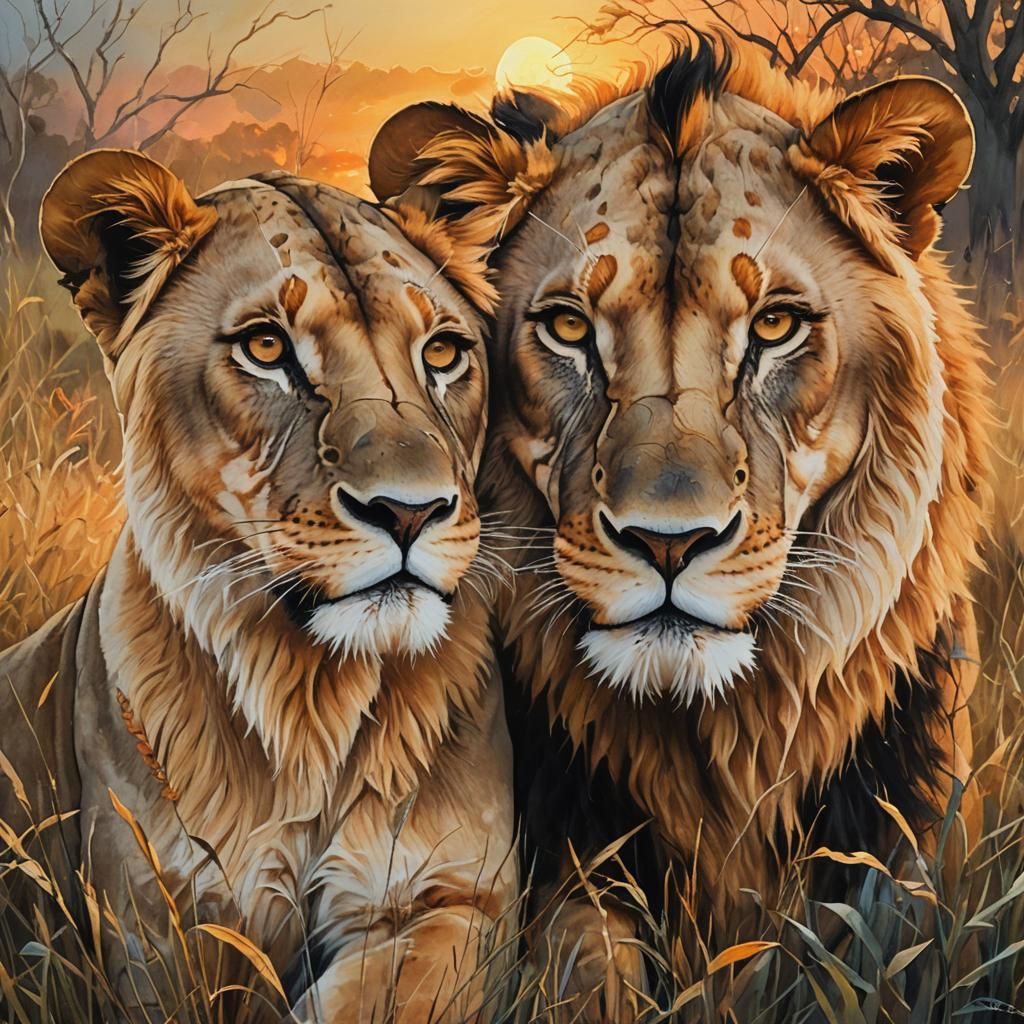 Majestic Lions in Savannah Sunset: Abstract Art