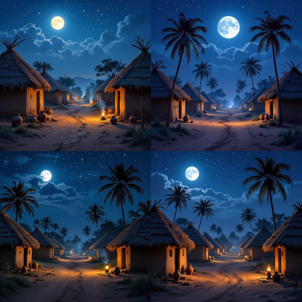 Peaceful African Village Under Moonlight