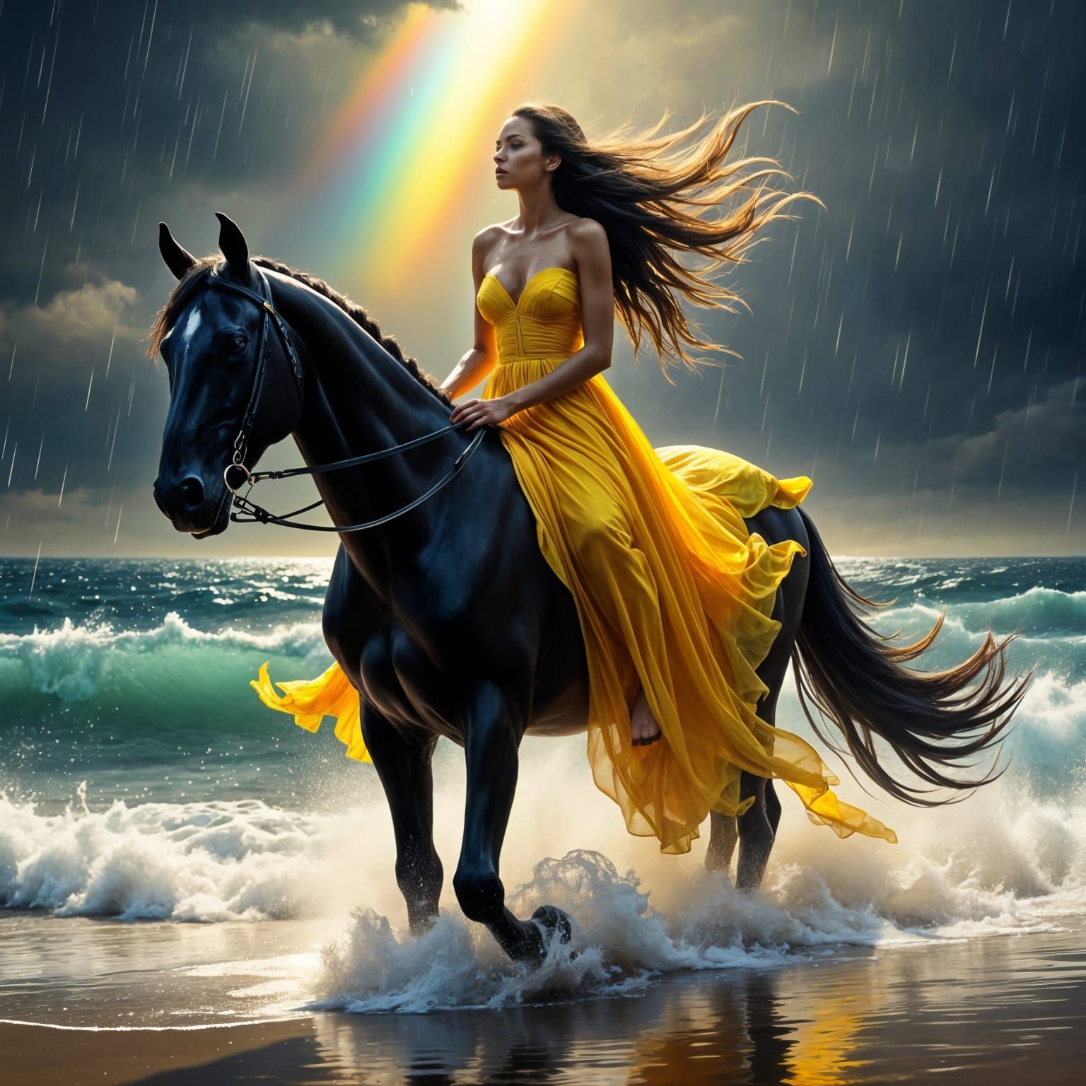 Woman Riding Bareback on Beach During Rainbow Rain Shower