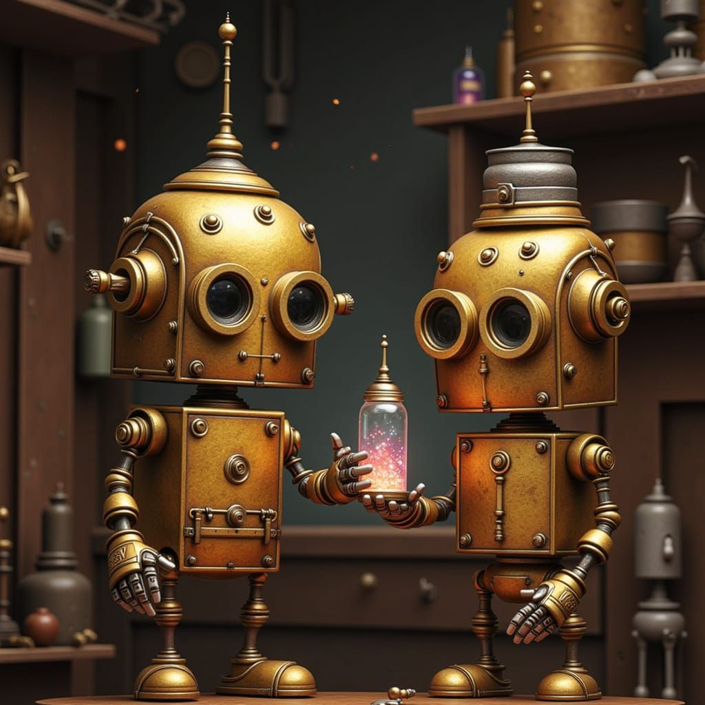 Steampunk Robots Discover Magical Potions in Arcane Workshop