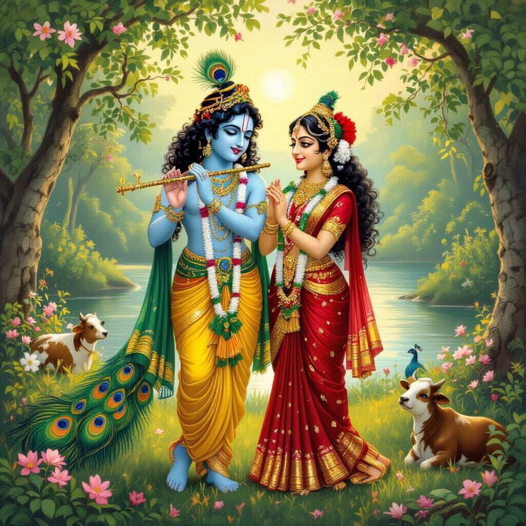 Krishna and Radha in Vrindavan Forest: Traditional Indian Pa...