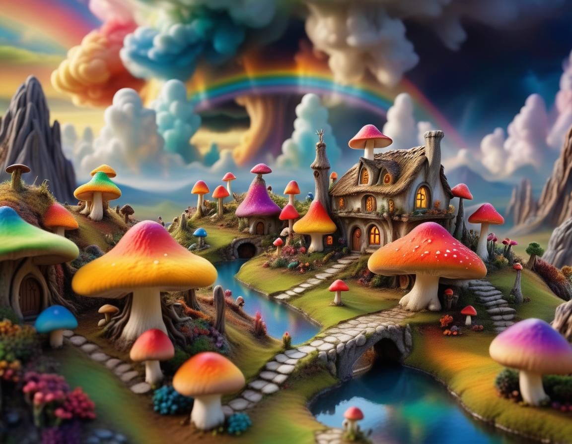 Vibrant Village Landscape in Surrealistic Style