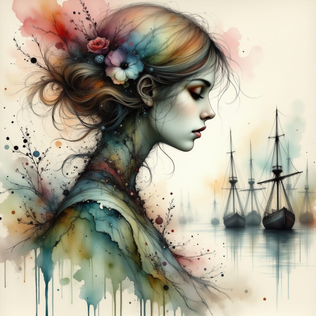 Ethereal Anime Woman in Charcoal Ink Cityscape