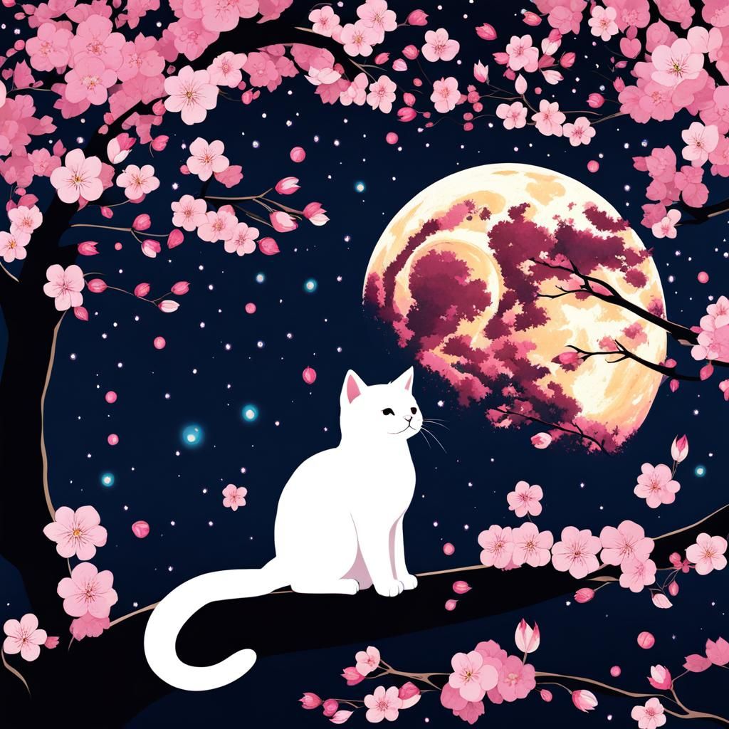 Cat on the Moon in Cherry Blossom Night