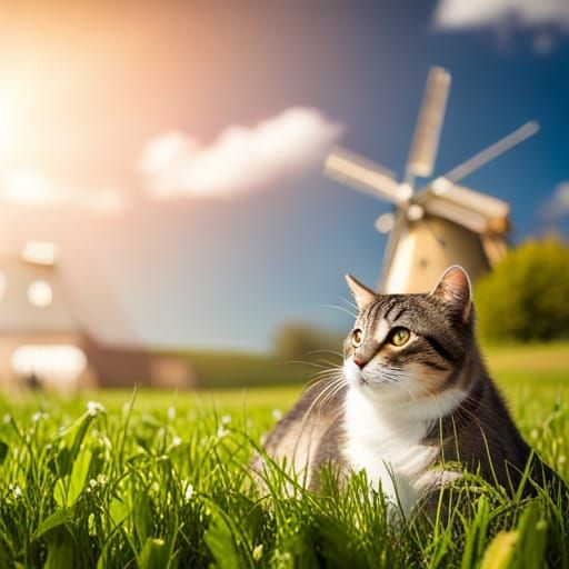 Farmer Cat Lounging by Windmill: Professional Photo