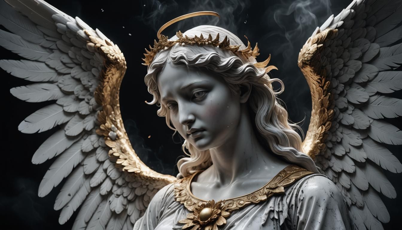 Sad Angel Marble Sculpture in Dramatic Lighting
