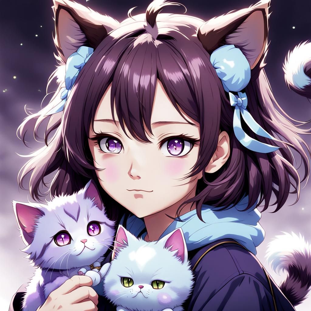 Anime Girl with Fluffy Purple Kitten