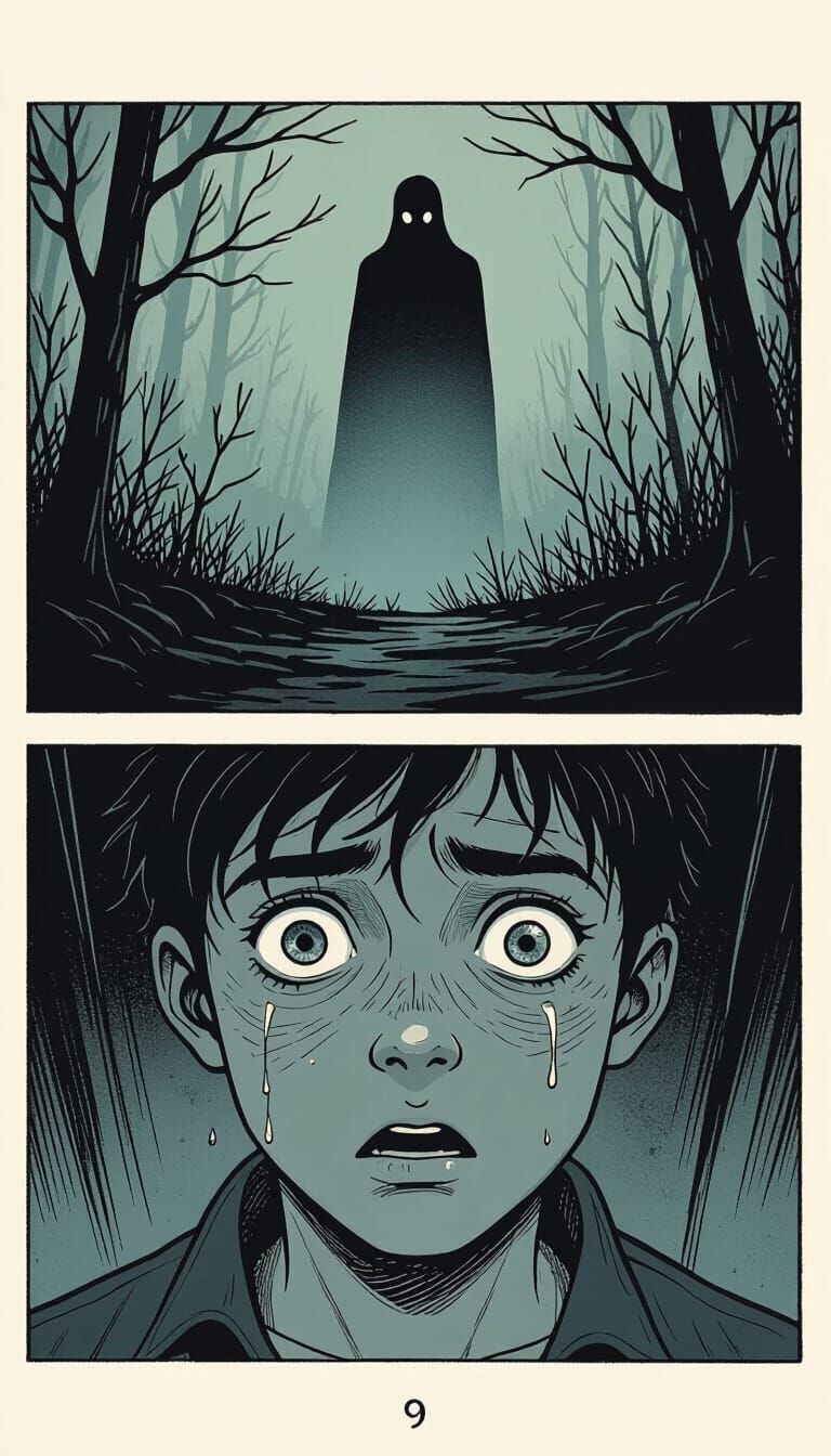 Terrified Eyes with Ghostly Silhouette in Comic Horror Style