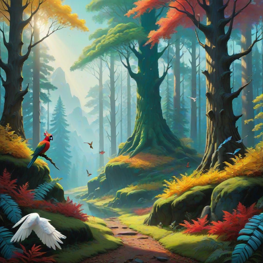 Whimsical Forest Landscape with Vibrant Feathers