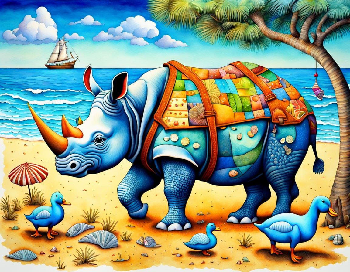 A Happy Rhinoceros in a Vibrant Beach Scene