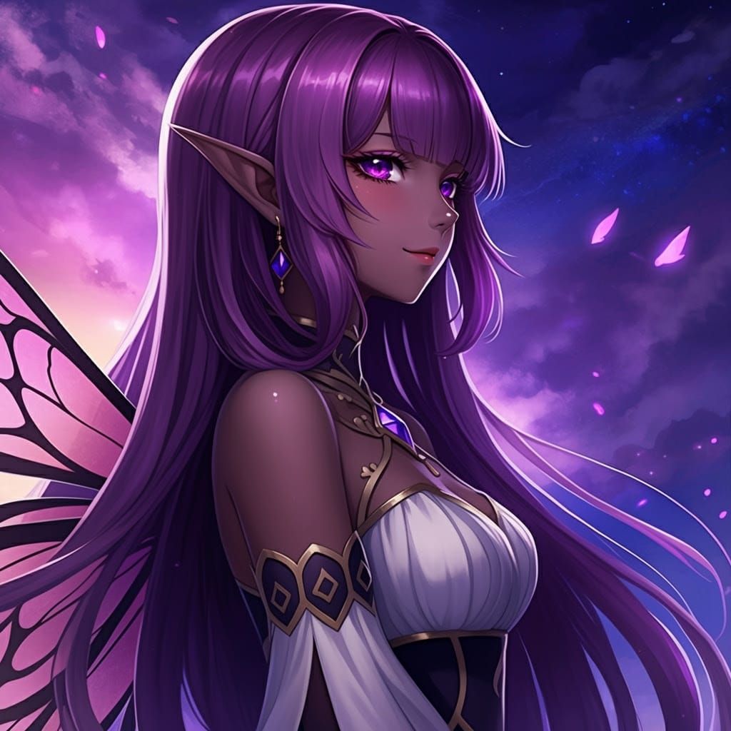 Fairy Queen with Violet Hair and Wings in Anime Style
