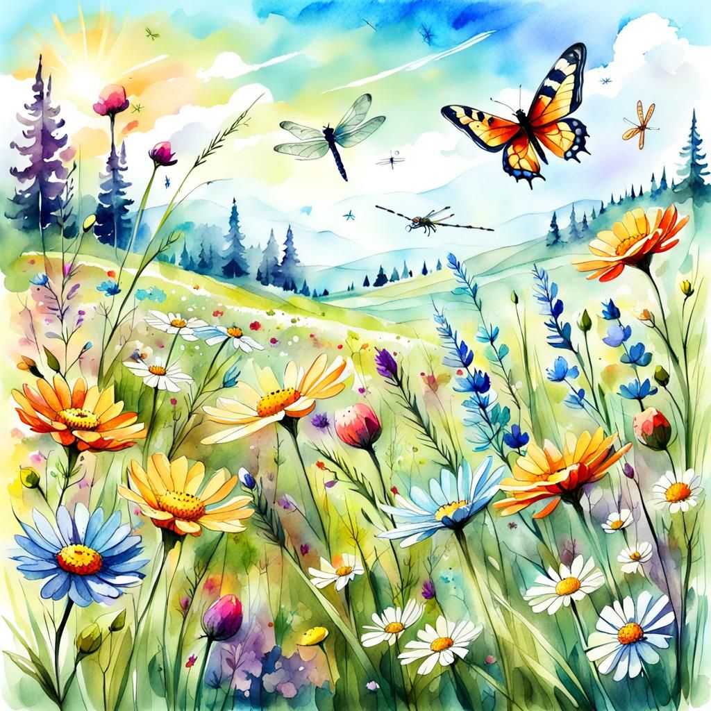 Blooming Meadow: Detailed Digital Watercolor Illustration