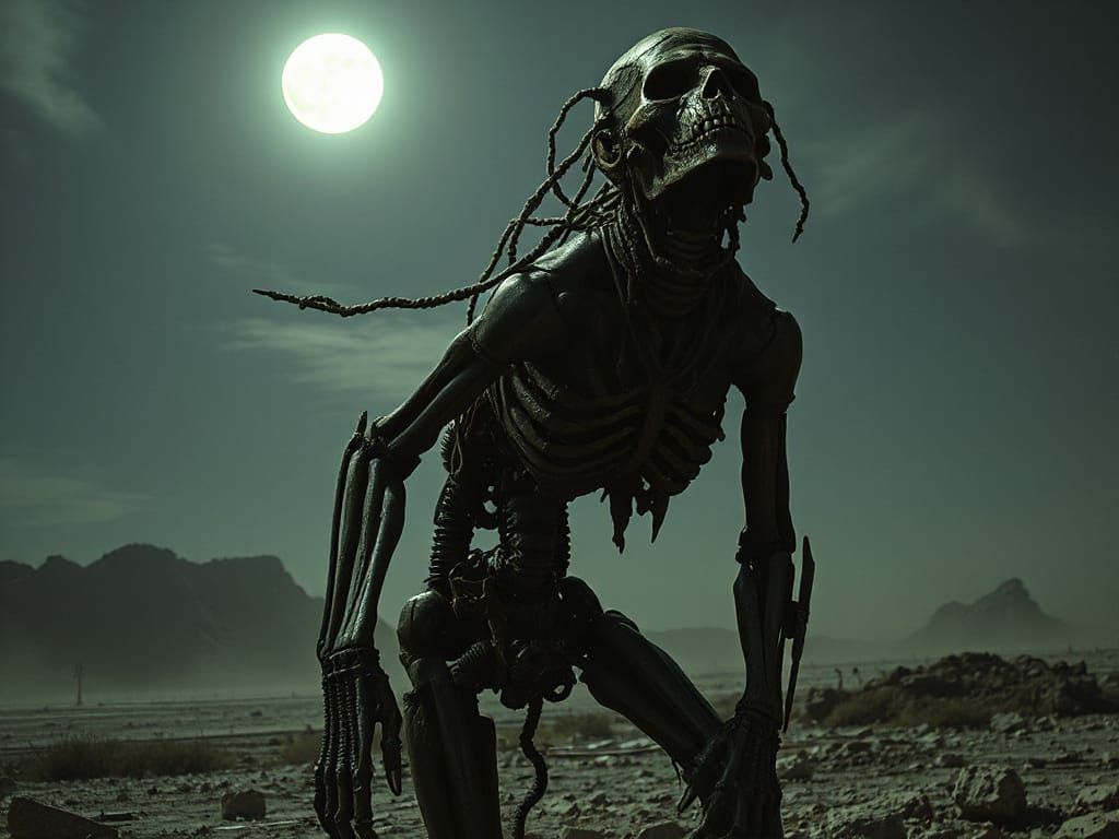 Derelict Mutant Mechanical Man in Moonlight Wasteland