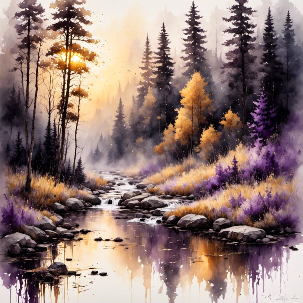 Forest Stream Waterfall at Dawn in Antique Watercolor
