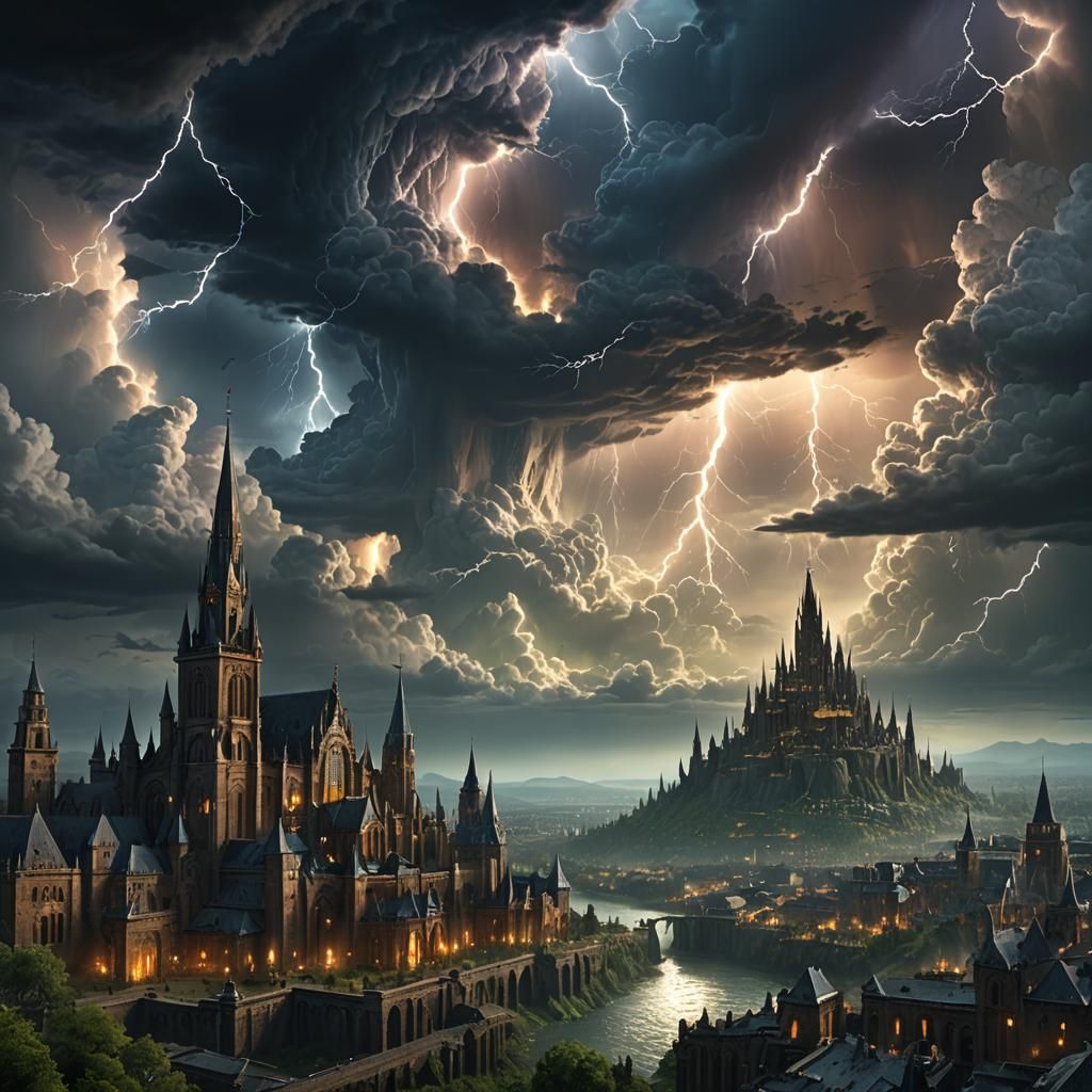 Stormy Sky Over Mystical City in Matte Painting Style