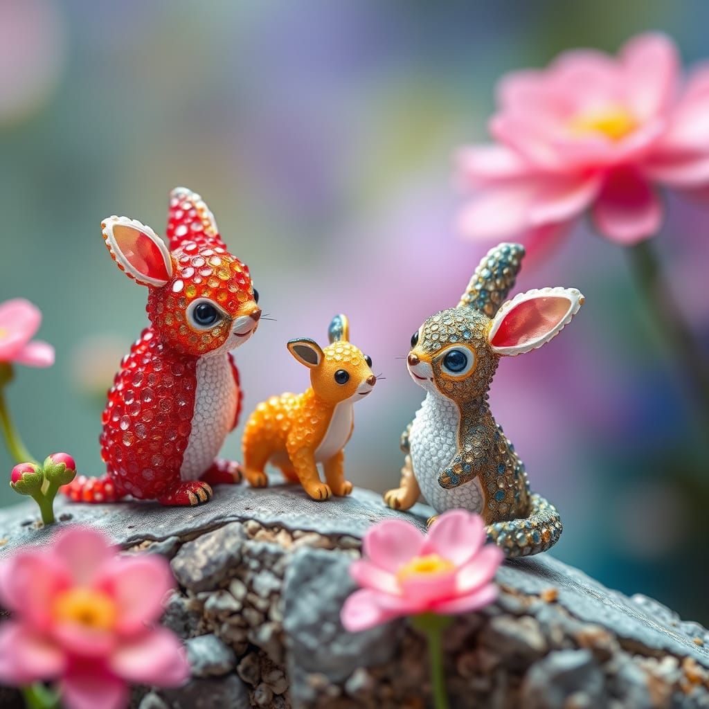 Colorful Beaded Animals in Impressionistic Floral Scene
