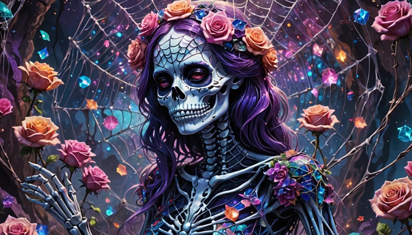 Girly Skeleton with Roses in Cosmic Cave