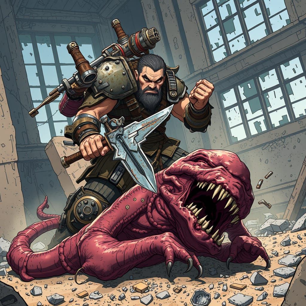 Warrior Defeats Alien in Abandoned Skyscraper