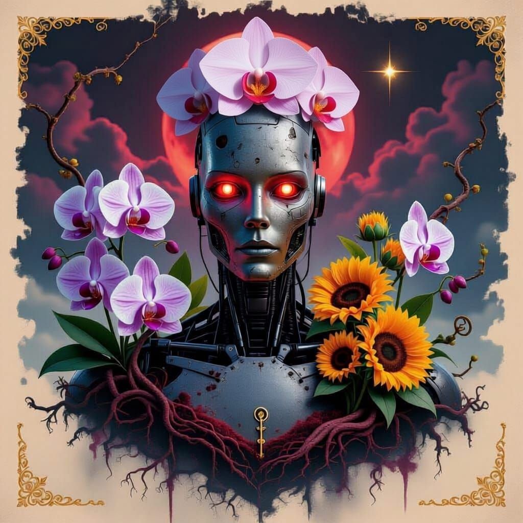 Dreamlike Robot Art with Orchids and Moon
