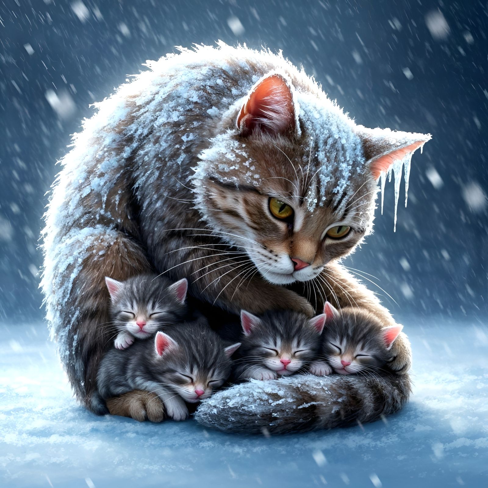 Mother Cat Shelters Kittens in Winter Snowstorm