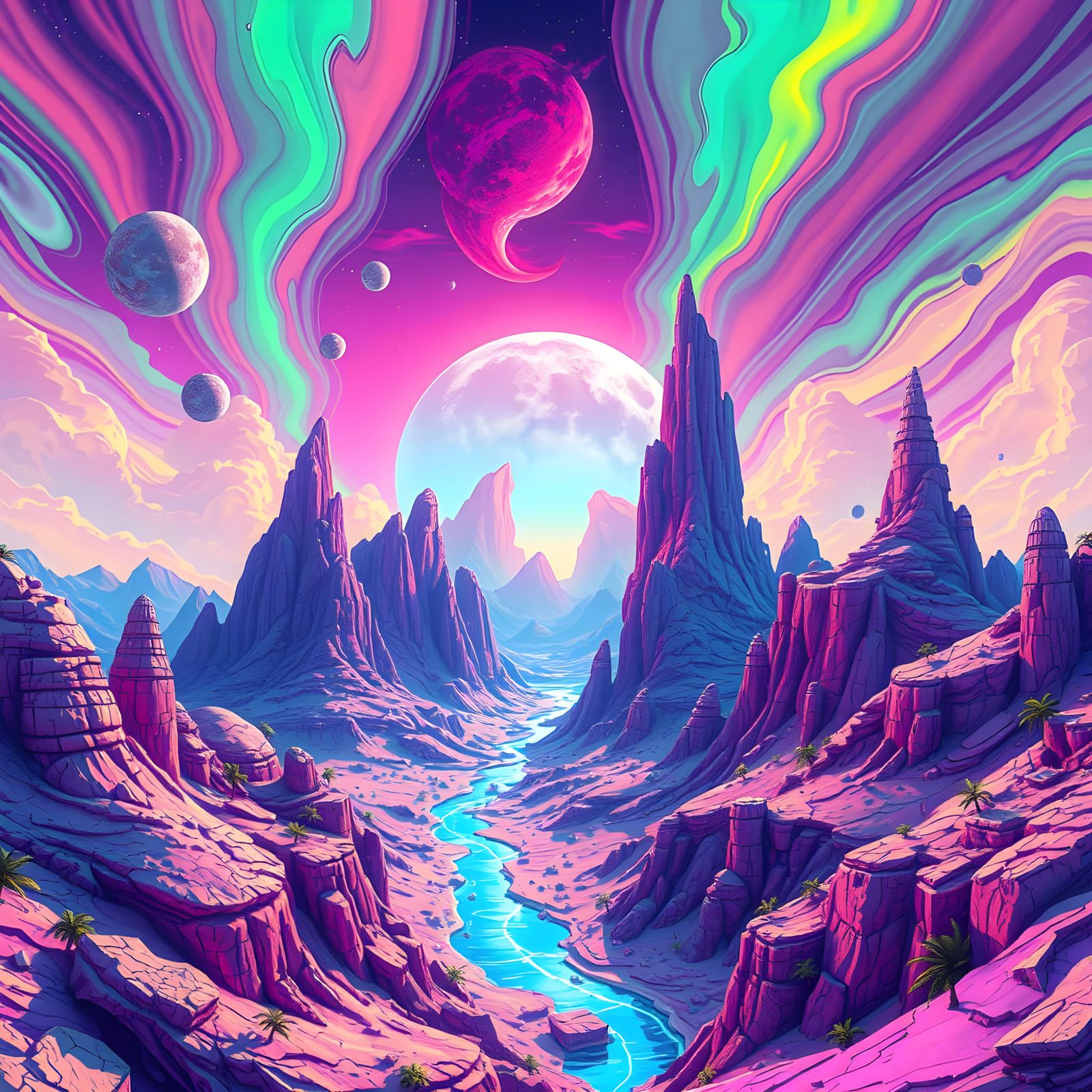 Vibrant Futuristic Landscape in Pop Art Style