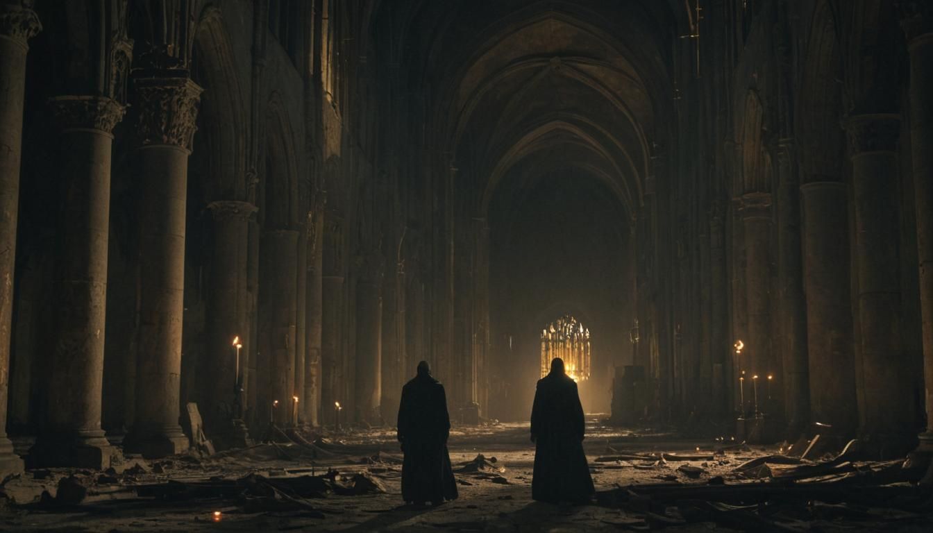 Eerie Figure in Abandoned Cathedral at Golden Hour