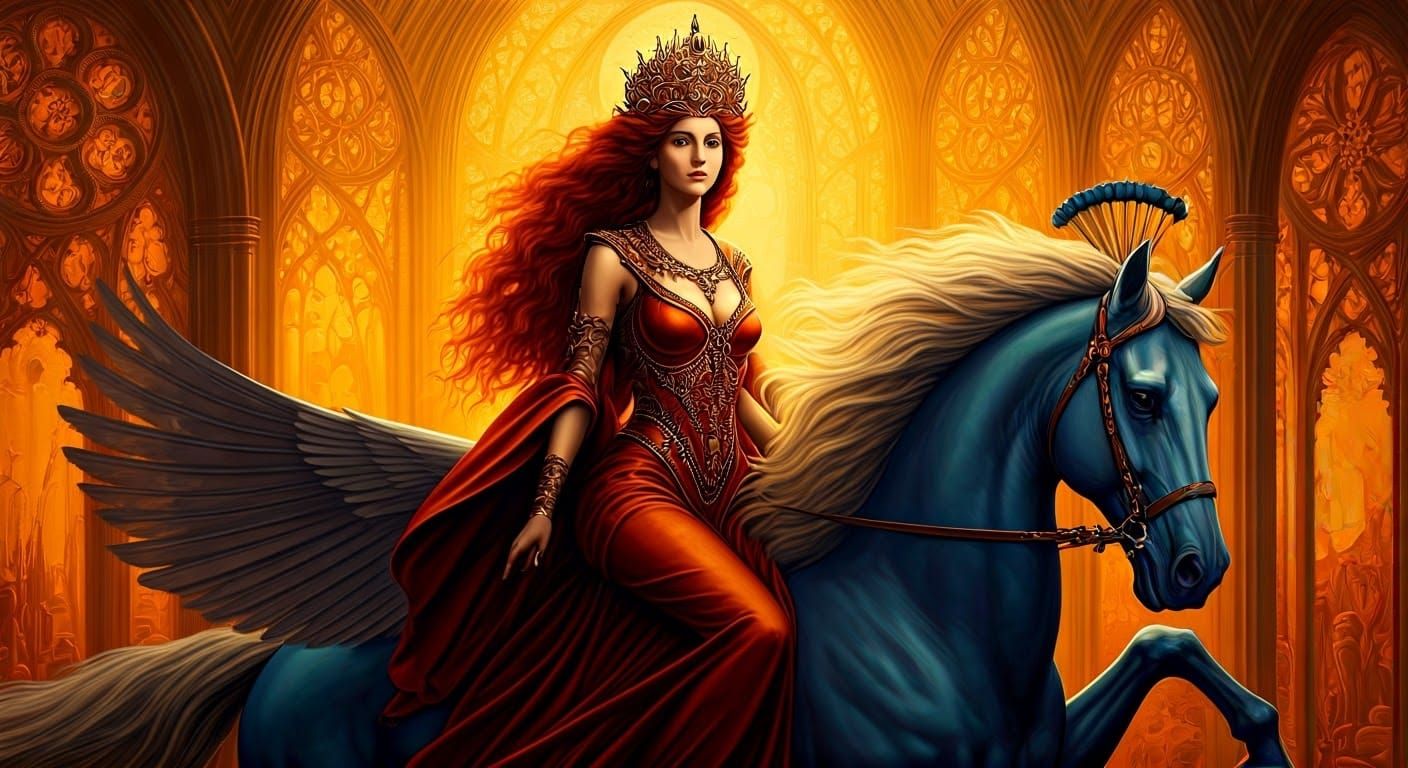 Elegant Lady Rides Pegasus Amidst Vibrant Gothic Psychedelia