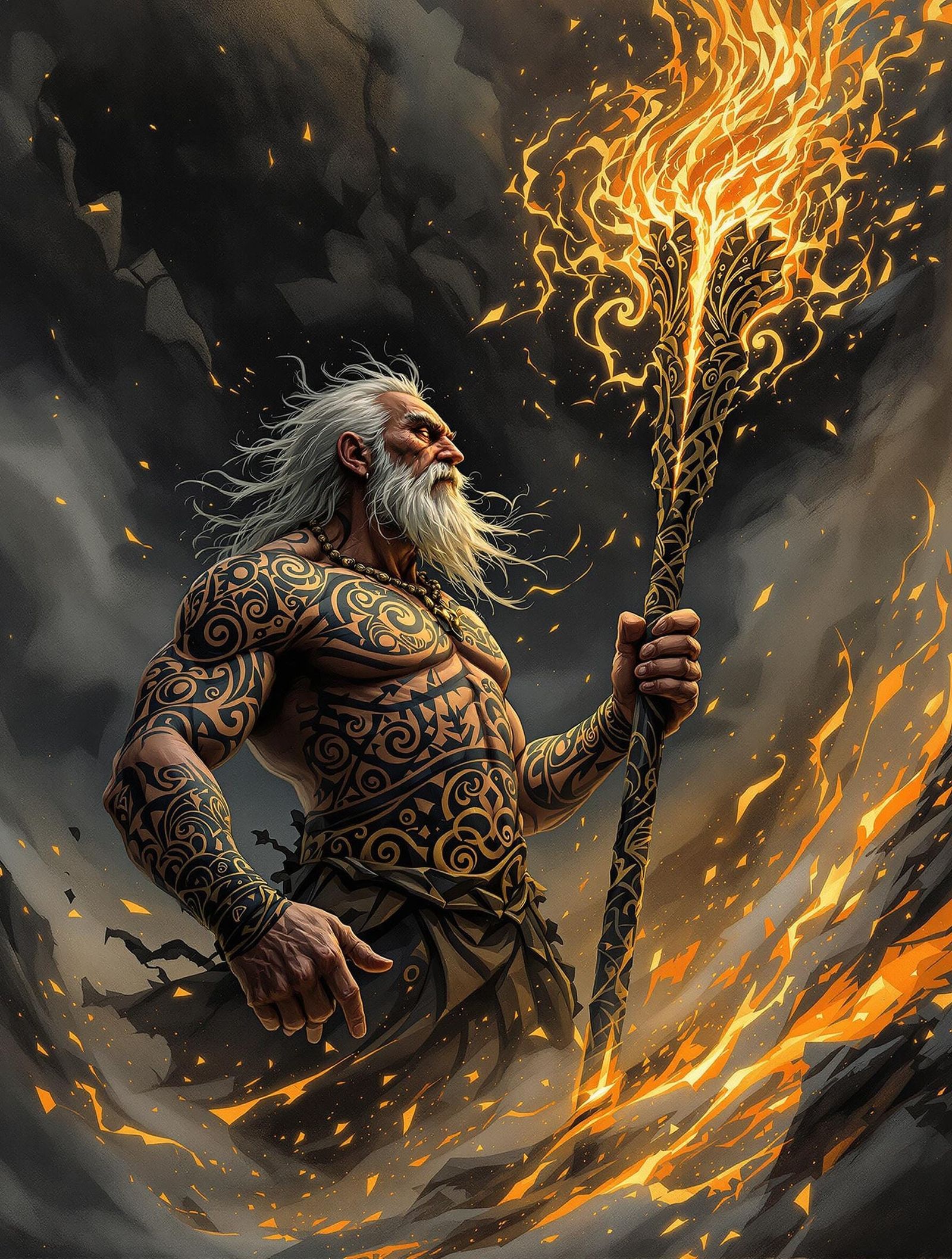 Polynesian Mage Wrestles Ashen Tempest in Collage Art