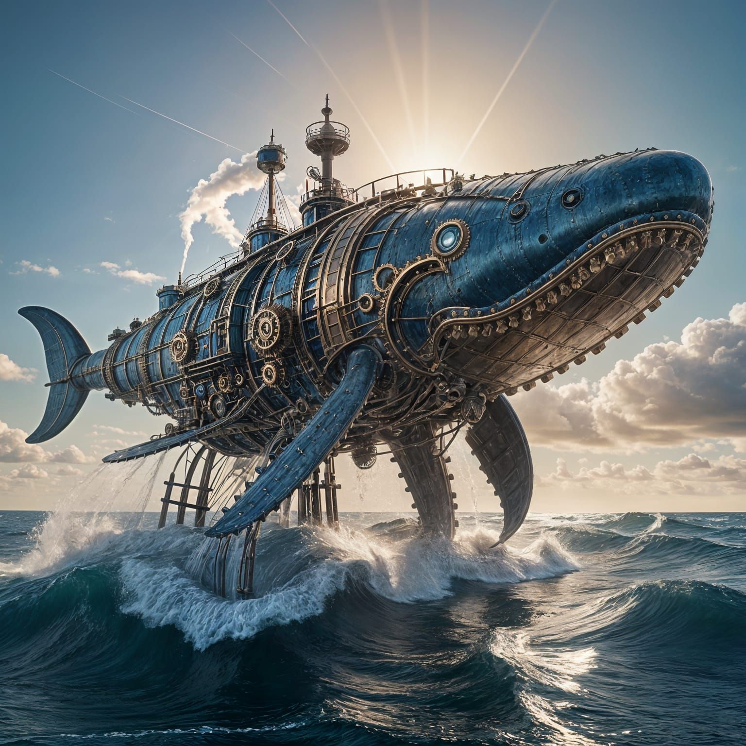 A steampunk blue whale leaps out of the ocean