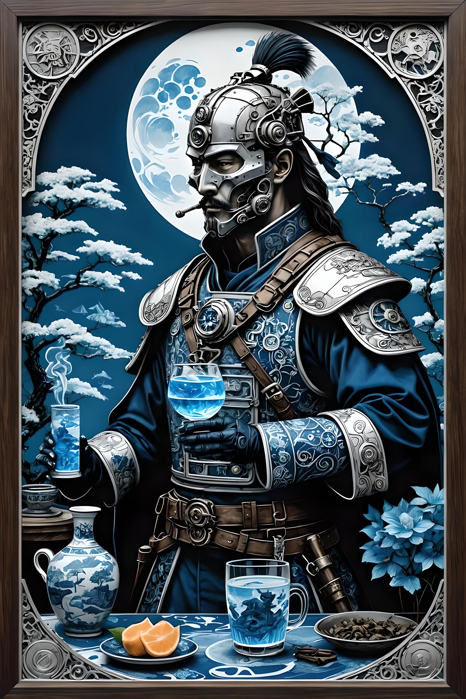 Steampunk Samurai in Zen Garden: Sepia Silver Nitrate Photo