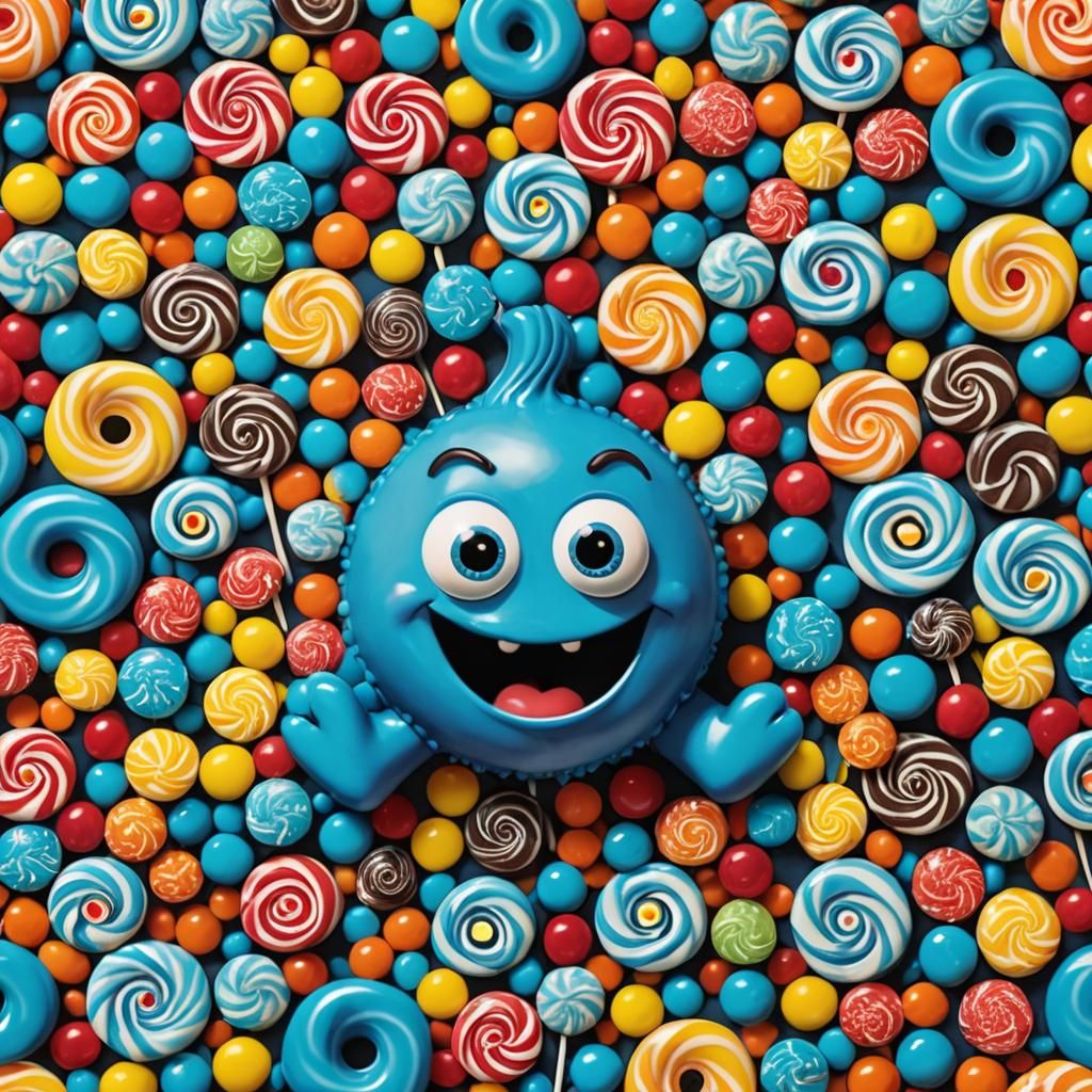 Whimsical Blue Creature Amongst Colorful Candies
