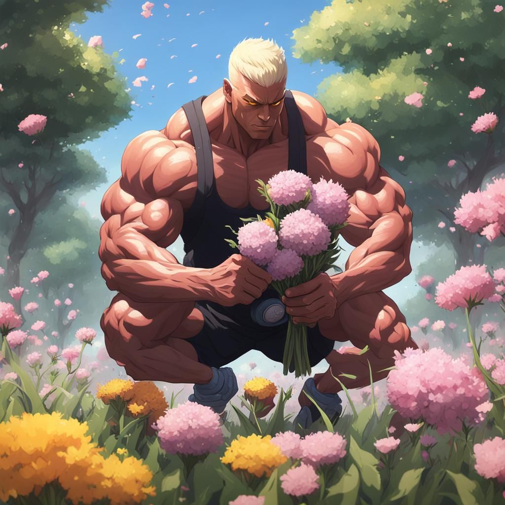 Bodybuilder Picking Flowers in 3D Anime Art